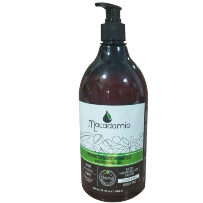 ماسک مو داخل حمام پمپی ماکادامیا مخصوص موهای اسیب دیده و رنگ شده تثبیت کننده رنگ مو macadamia weghtless moisture masque حجم 1000 میل